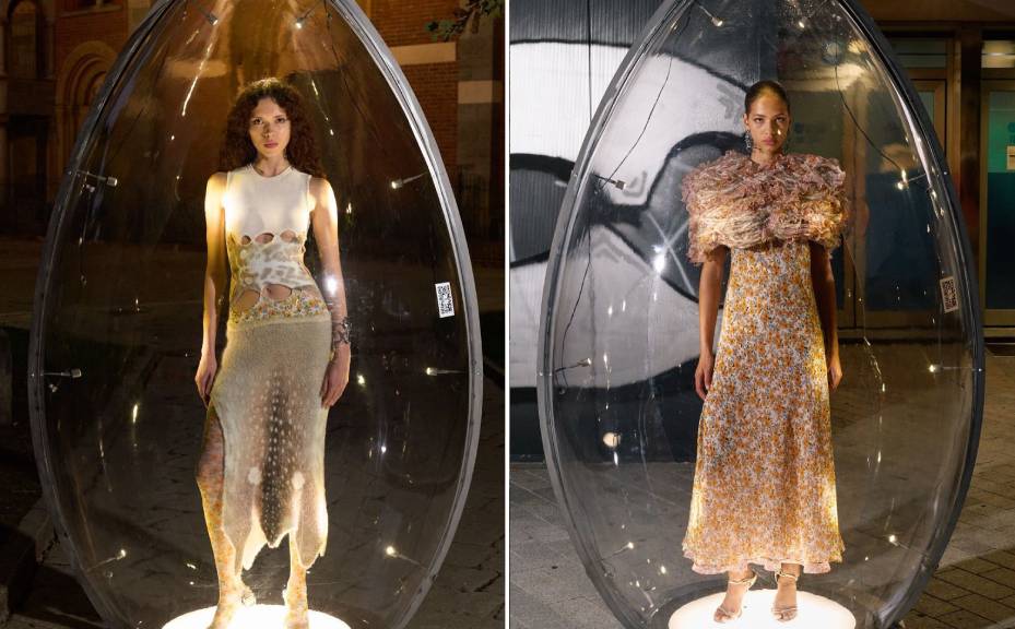 Montagem de fotos de modelos dentro de ovos de acrílico gigantes mostrando a coleção da Diesel na Semana de Moda de Verão.