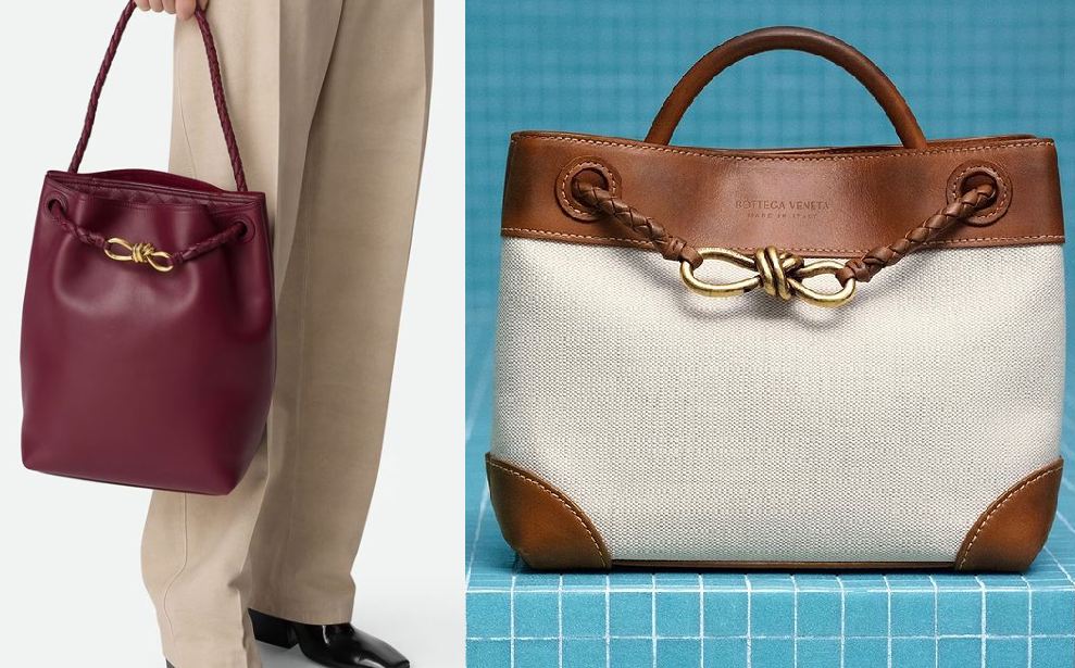 Montagem de fotos da Bolsa Andiamo Bucket ao lado da versão com shape tradicional mas confeccionada com couro de bezerro Bristol e corpo de lona.