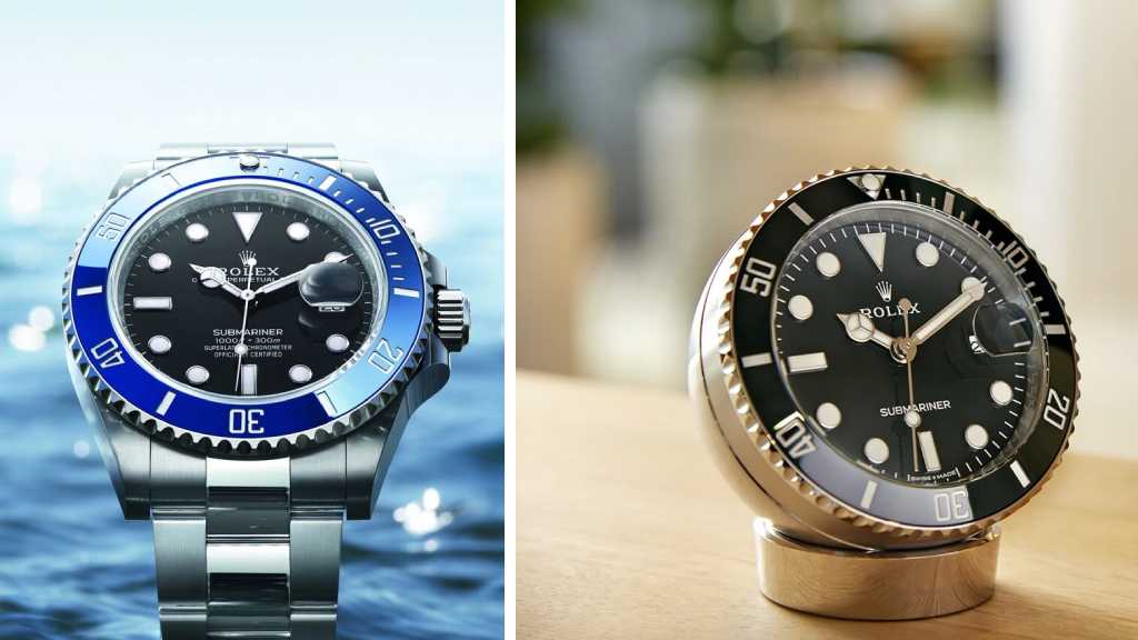 Montagem de fotos de um relógio Rolex Submariner  de pulso ao lado do  Submariner Desk Clock, modelo de mesa.