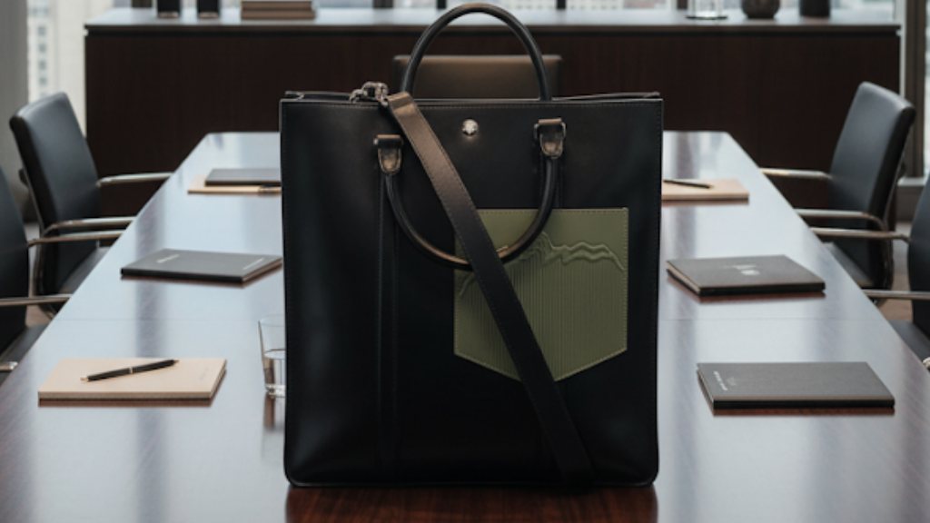 Foto de Bolsa Tote Montblanc Meisterstück Preta em cima de uma mesa de sala de reunião.