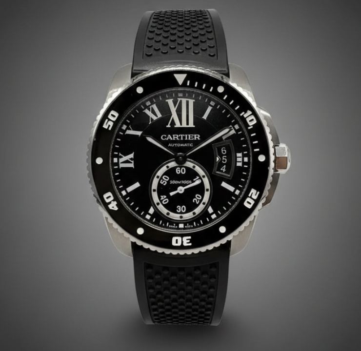 Foto de um dos relpogios masculinos de luxo na black friday do etiquta única, modelo  Cartier Calibre de Cartier Diver 42 mm .