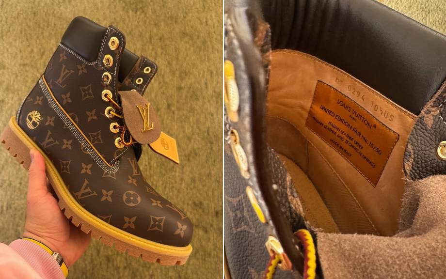 Montagem de fotos dos detalhes de ouro da LV x Timberland Ankle Boot 6-In High End.