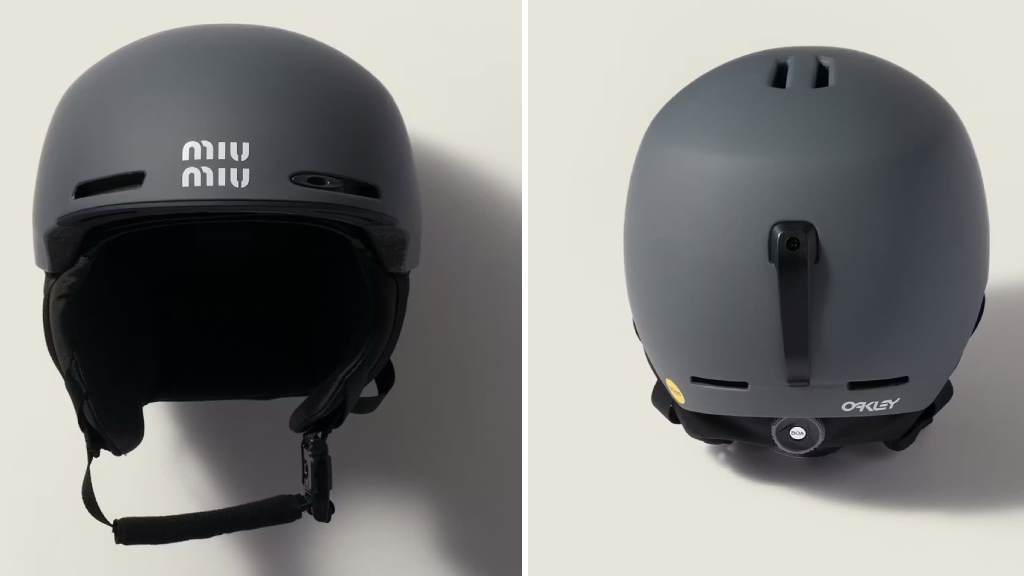 Montagem de fotos do capaete para esqui da parceria entre Miu Miu Oakley.
