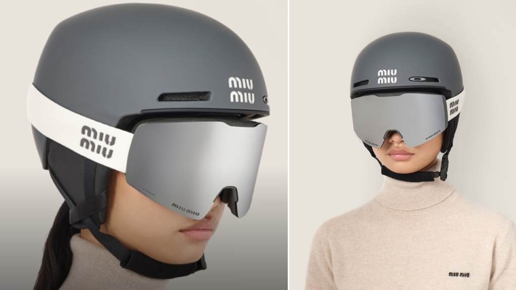 Montagem de fotos de modelo usando capacete e óculos de esqui da Miu Miu e Oakley.