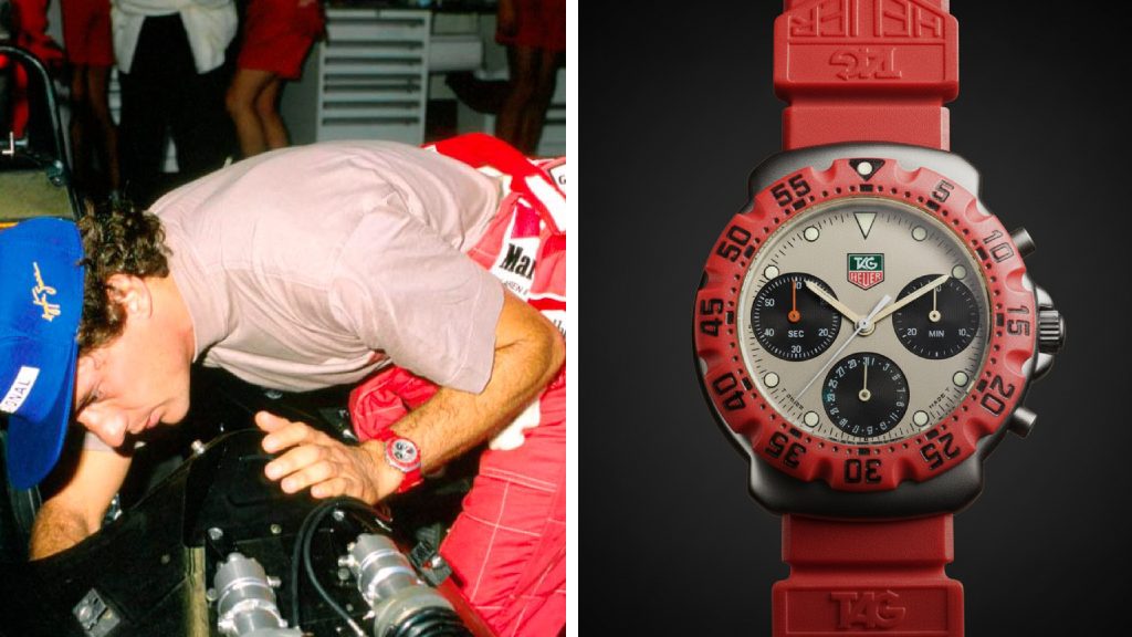 Montagem de fotos do piloto de fórmula 1, Ayrton Senna usando um relógio Tag Heuer F1 Chronograph vermelho.