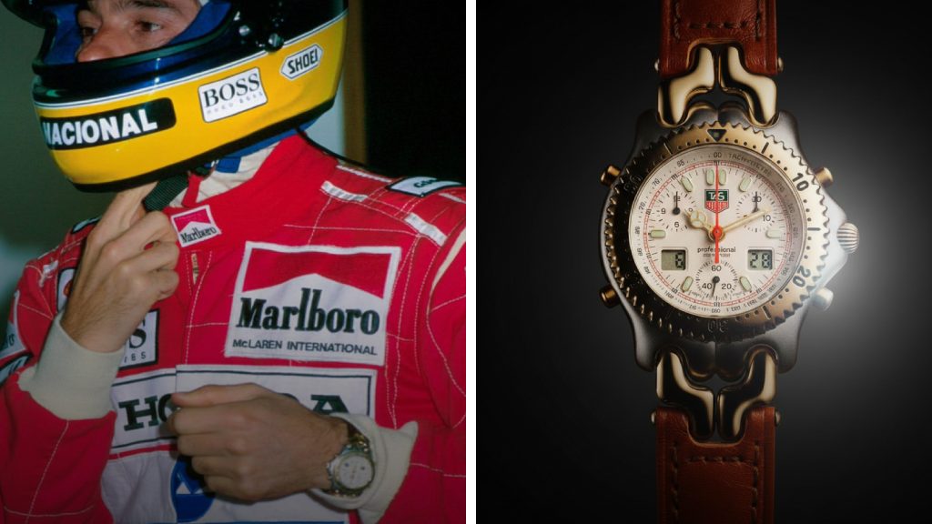 Montagem de fotos do  TAG Heuer S/EL Chronograph  um dos relógios favoritos de Ayrton Senna.