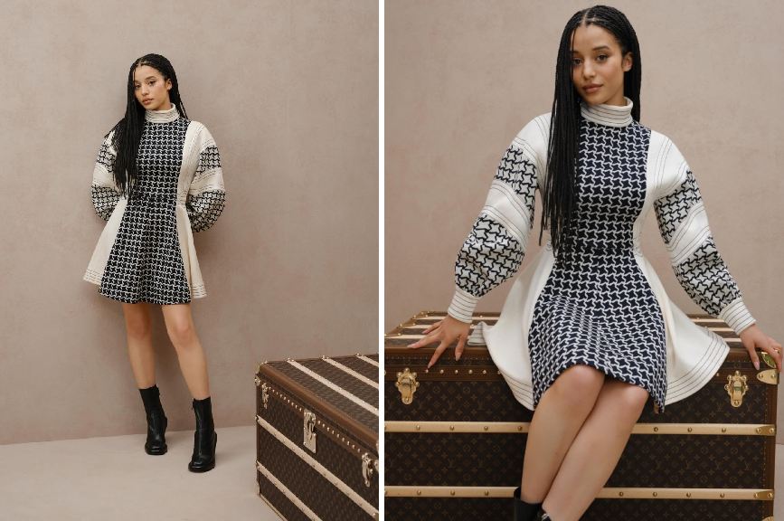 Montagem de fotos da Nova Embaixadora da Louis Vuitton, a atriz Chase Infiniti junto com o icônico baú da marca com monogramas LV.