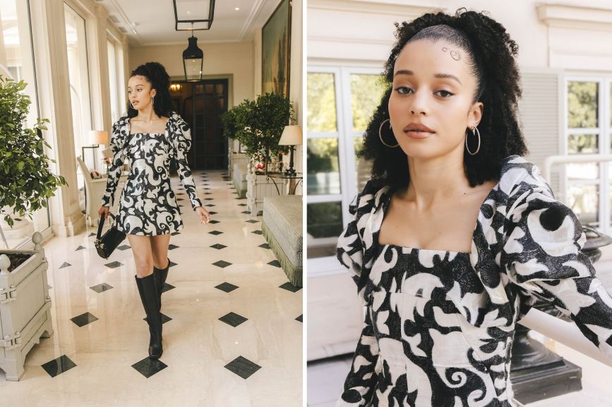 Montagem de fotos de Chase Infiniti usando look total Louis Vuitton, a atriz é a mais nova representante da marca francesa.