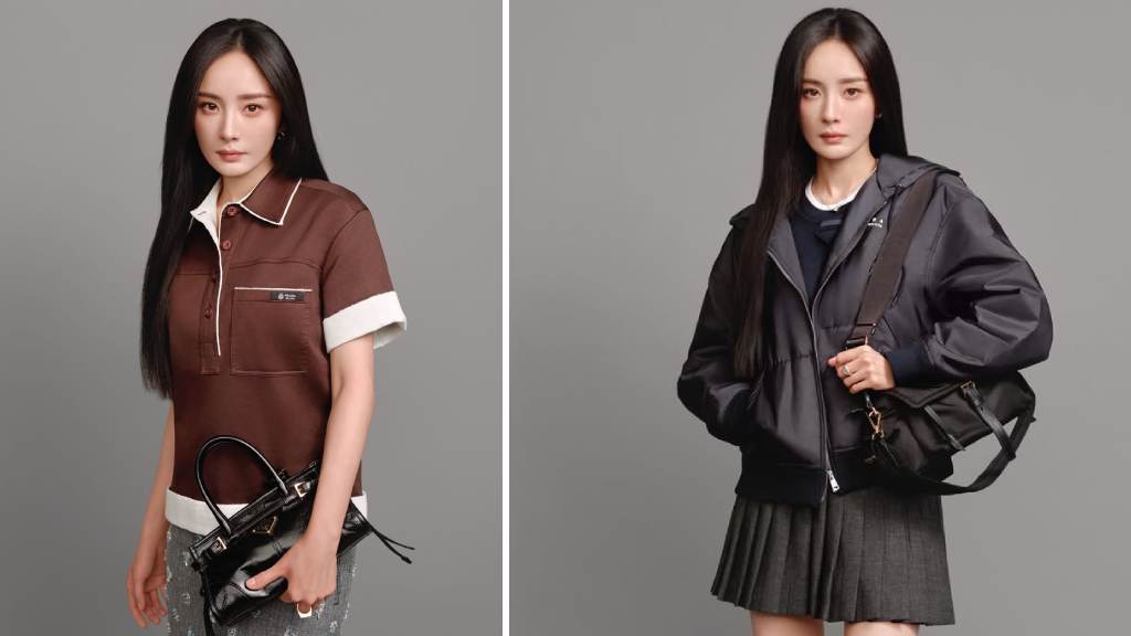 Montagem de fotos de Yang Mi, a nova Embaixadora Prada Global, posa com bolsas da grife italiana em anúncio oficial feito das redes sociais nesta sexta.