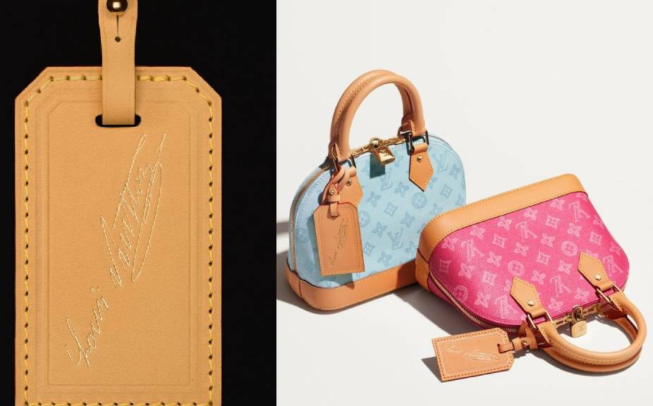 Foto das bolsas LV alma ao lado de tag da cápsula que comemora os 130 anos do monograma Louis Vuitton.