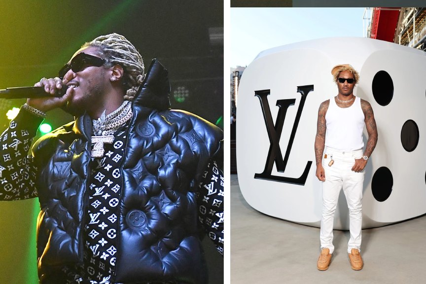 Fotos do rapper Future em diferentes momentos usando roupas da Louis Vuitton antes de se tornar embaixador global da marca.