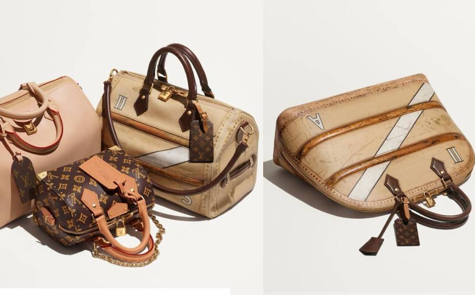 Montagem de fotos de Bolsas icônicas da LV reinventadas para celebrar os 130 anos do monograma louis Vuitton.