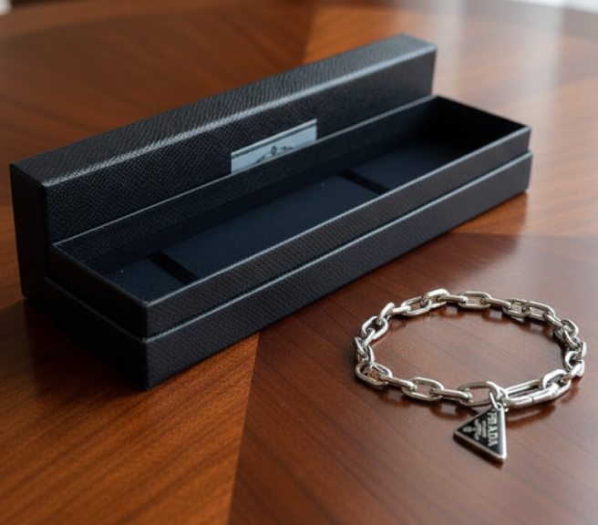 Foto de Pulseira prada Triangle ao lado de caixa original.