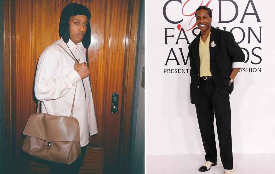 Fotos de Asap Rocky com camis, toca e bolsa chanal ao lado de outra foto do rapper no premio CFDA.