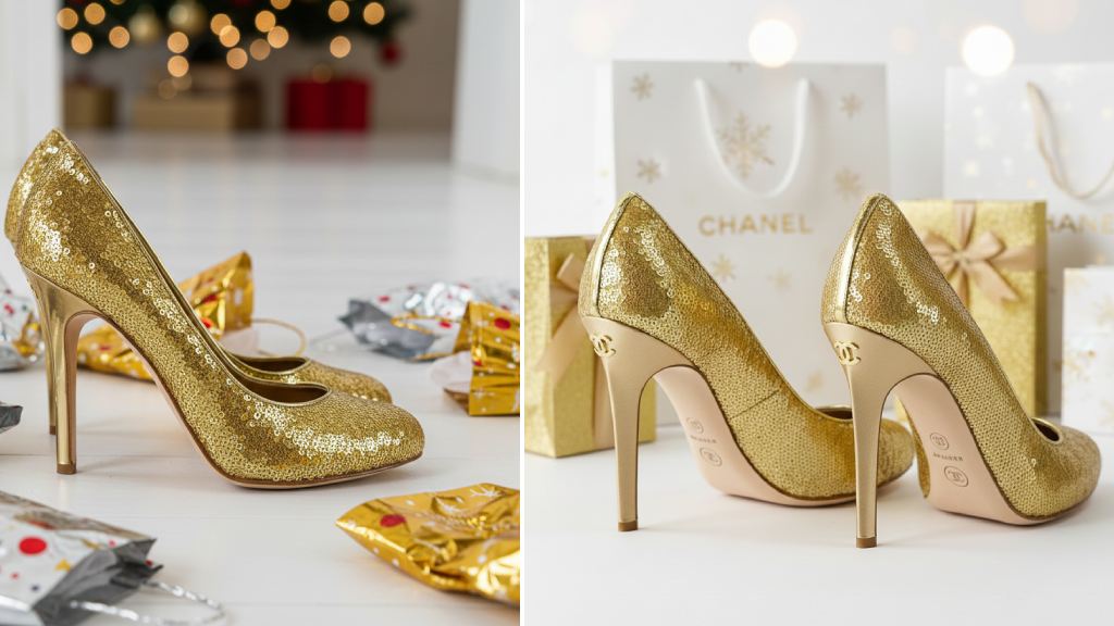 Montagem de fotos de um dos sapatos com brilho dourado da Chanel, modelo de salto alto com paetês.