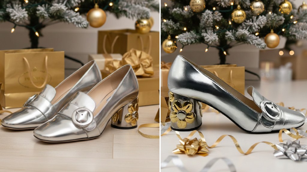 Montagem de fotos de scarpin com brilho prateado da Prada.