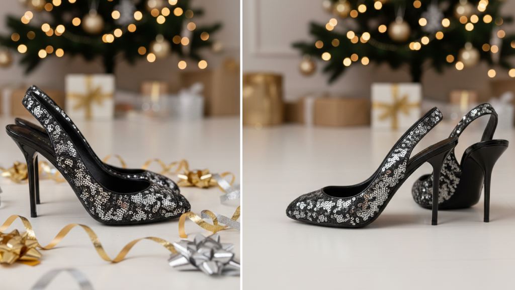 Montagem de fotos de um os sapatos com brilho da Louis Vuitton, modelo Liza com paetês prateados.