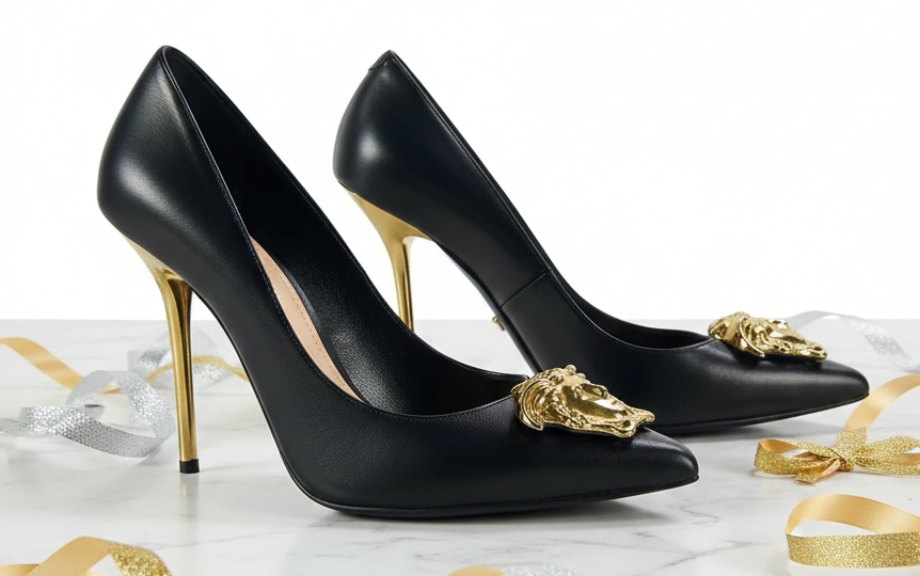 Foto de Scarpin de Bico Fino e salto alto agulha da marca de luxo Versace.
