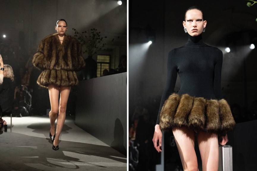 Montagem de looks do Desfile Alexander Wang na Semana de Moda de Nova York Inverno 2025 com casaco e saias de pele.