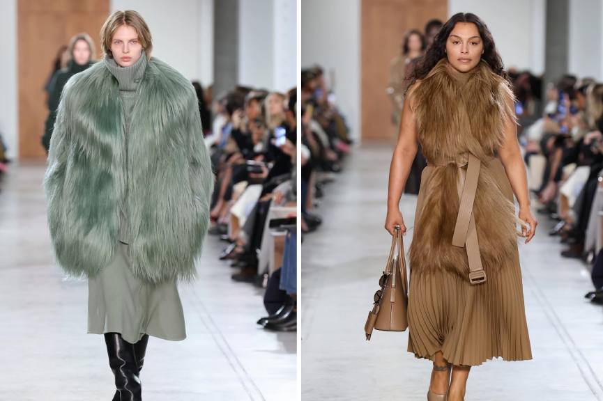 Montagem de fotos de looks do Desfile Michael Kors Inverno 2025 na Semana de Moda de Nova York com peças de pele.