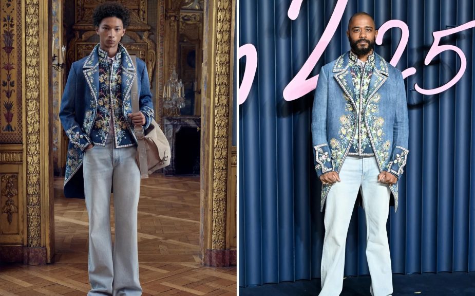 Montagem de fotos de um look Dior na passarela ao lado de  LaKeith Stanfield, usando a mesma roupa da marca francesa na vida real.
