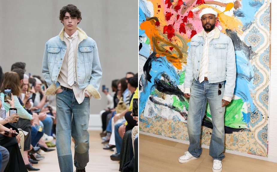 Montagem de fotos do look da Dior Masculina na passarela e em outro momento no novo Embaixador da Dior, LaKeith Stanfield.