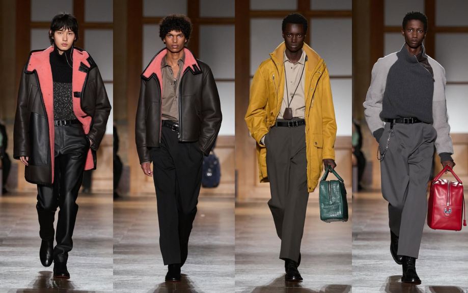 Montagem de fotos do último desfile de Véronique Nichanian para a Hermès, Coleção Masculina Inverno 2026/2027.