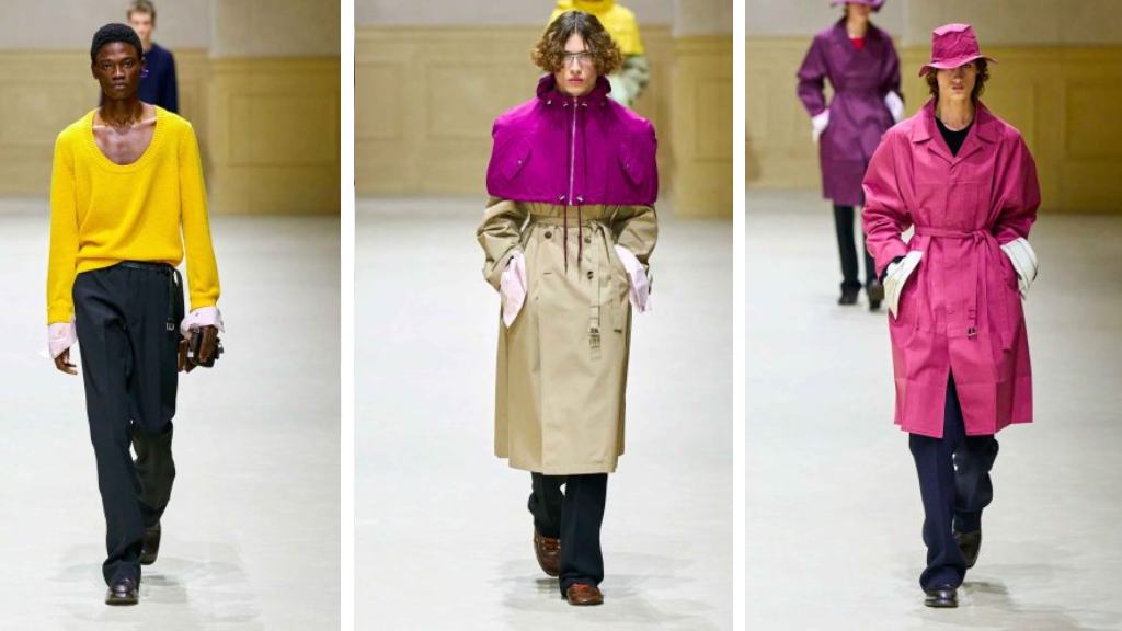 Montagem de fotos de 3 looks da coleção masculina de inverno da prada.