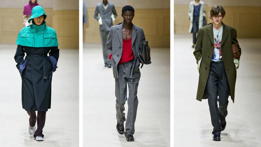 Montagem de fotos do Desfile Masculino da Prada Inverno 26/27 na Semana de Moda de Milão.