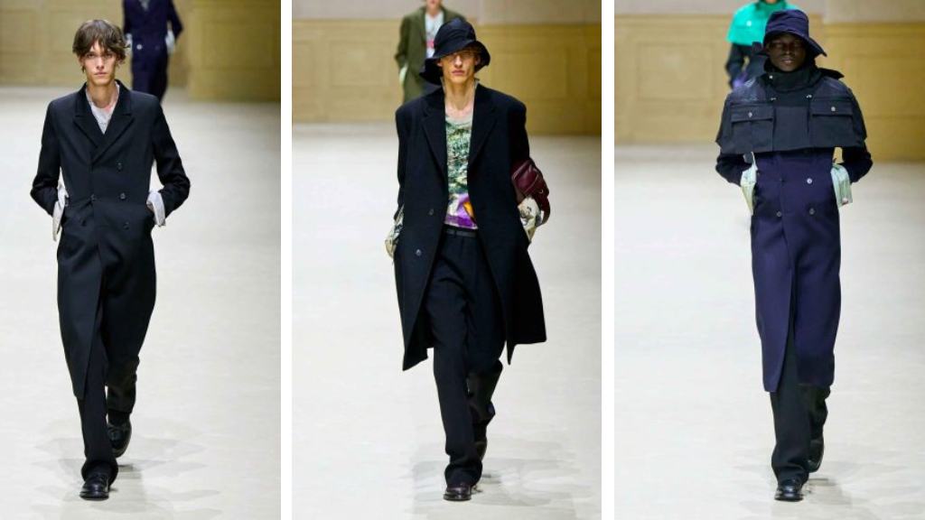 Montagem de 3 looks do Desfile da Prada Fall/Winter 2026 Menswear.