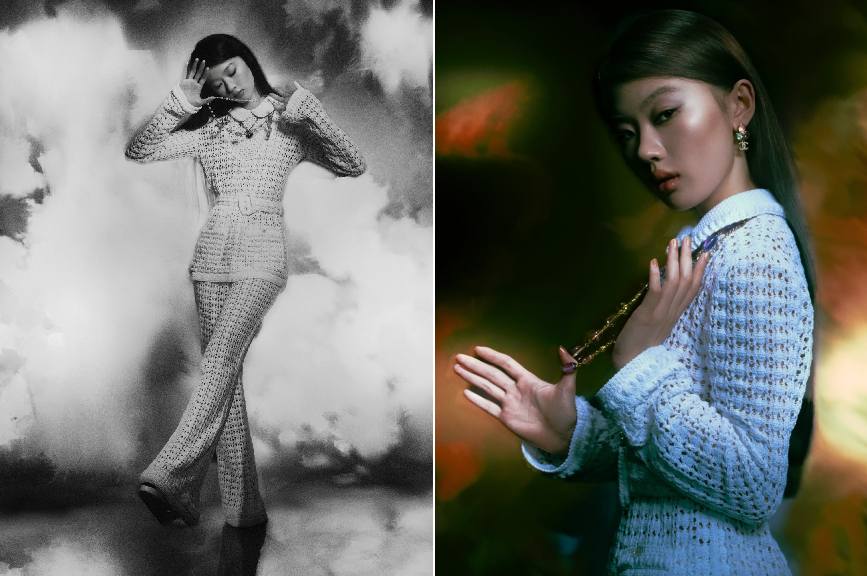 Montagem de fotos de Shan Yichun usando roupas e joias Chanel.