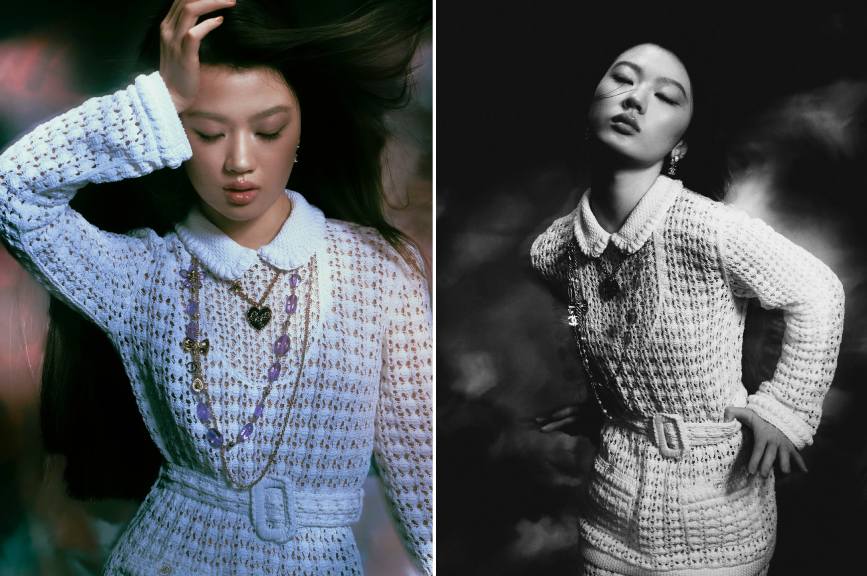 Montagem de fotos de Shan Yichun, cantora chinesa nova embaixadora da Chanel em 2026.