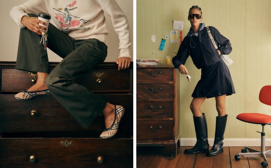 Montagem de fotos com sapatilha e bolsa com detalhes do xadrez Burberry.