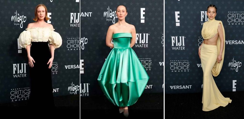Montagem de fotos de Hannah Einbinder, Erin Doherty e Chace Infinity algumas das mais bem vestidasno Critics Choice Awards 2026 todas a bordo de looks Louis Vuitton.