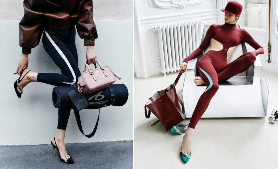 Montagem de fotos da Coleção Pre- Fall 2026 da Balenciaga com sapatos em collab com Manolo Blahnik.