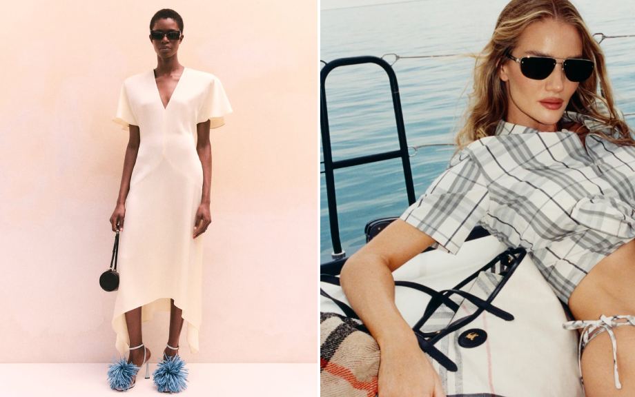 Montagem de fotos de vestido leve de Stella McCartney e blusa xadrez Burberry, duas marcas de luxo na Summer Sale.
