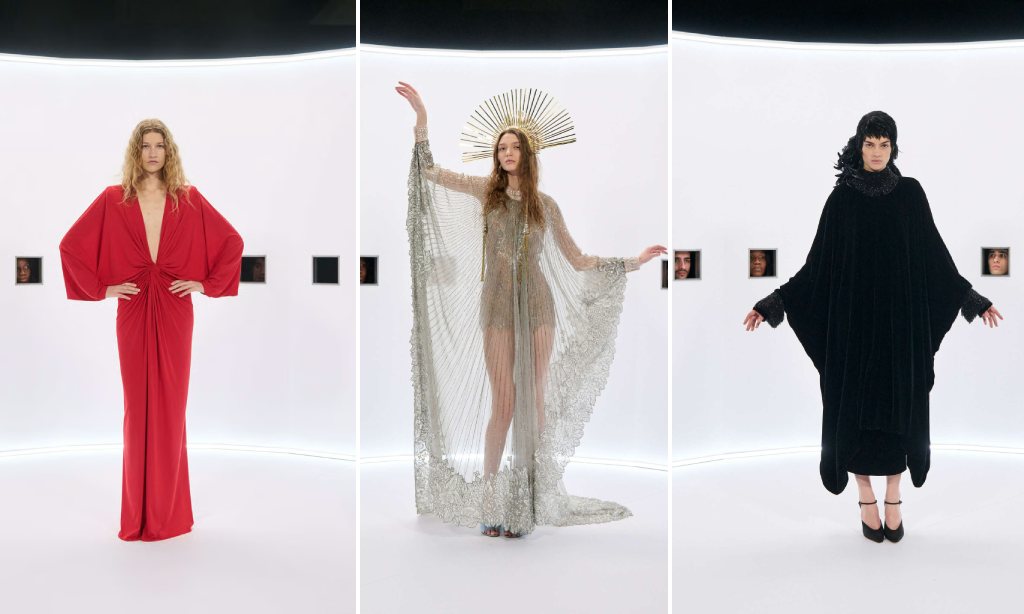 Montagem de 3 fotos de looks da coleção de alta-costura da Valentino Spring Summer 2026.