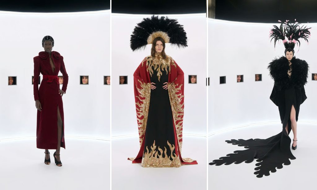 Montagem de fotos da coleção de Alessandro Michele para a Haute Courute da Valentino.