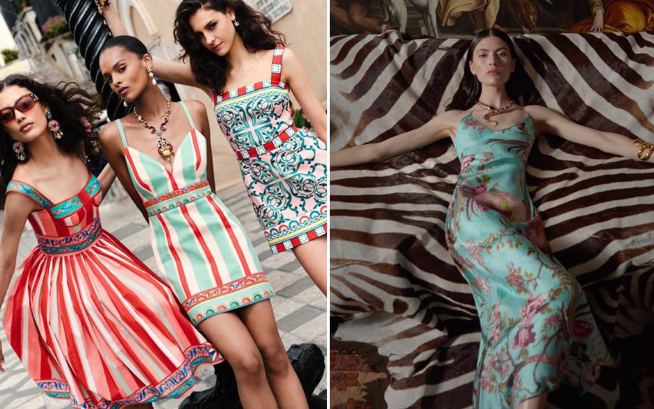Montagem de fotos de vestidos estampados para o verão de marcas de luxo Dolce e Gabbana e Roberto Cavalli.
