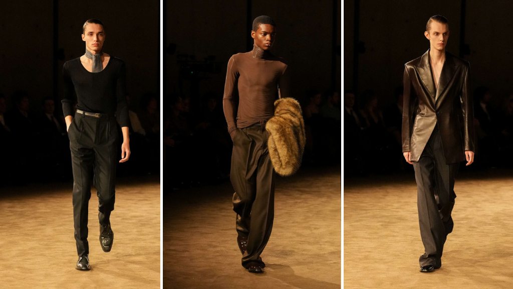 Fotos de looks com Alfaiataria, tensão e atitude definem o desfile masculino Saint Laurent Inverno 2026/2027, apresentado na Bourse de Commerce, em Paris.