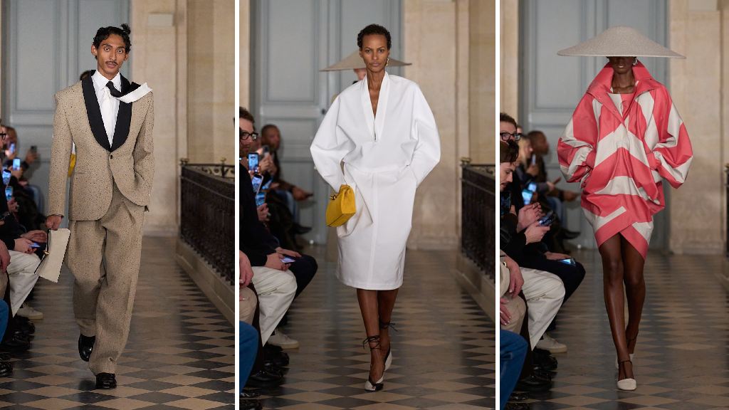 Monatgem de fotos de looks com Referências à Paloma Picasso e ao imaginário parisiense dos anos 80 atravessam o desfile de inverno 2026 da Jacquemus.