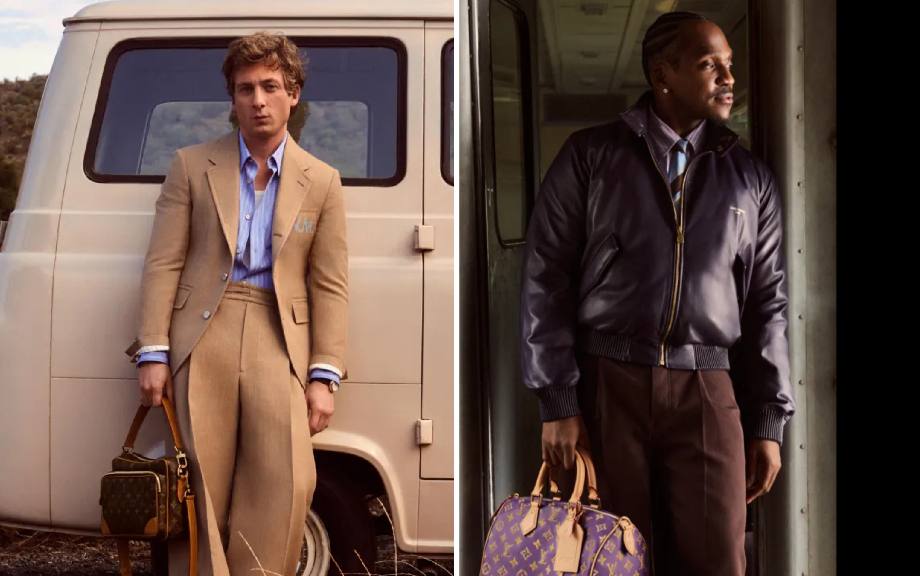 Montagem de fotos de Jeremy Allen White e Pusha T em Nova Campanha para a Marca de Luxo LV.