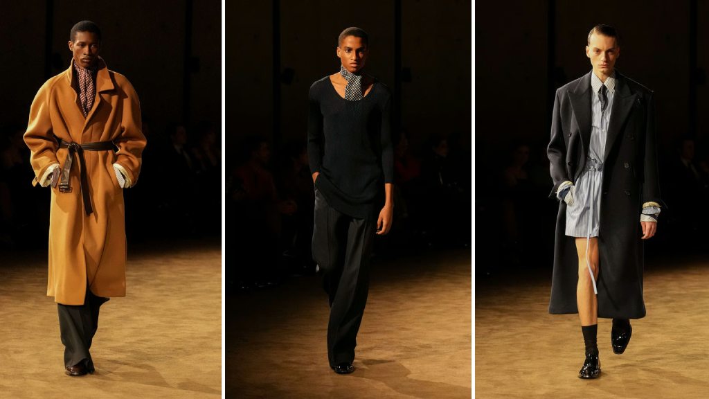 Montagem de fotos do Desfile Masculino Saint Laurent Inverno 2026 por Anthony Vaccarello na Paris Fashion Week.