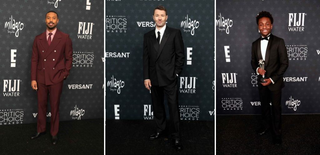 Montagem de fotos de  Michael B. Jordan,  Joel Edgerton e Miles Caton que estavam entrem os homens mais elegantes no Critics Choice Awards 2026 com ternos Louis Vuitton.