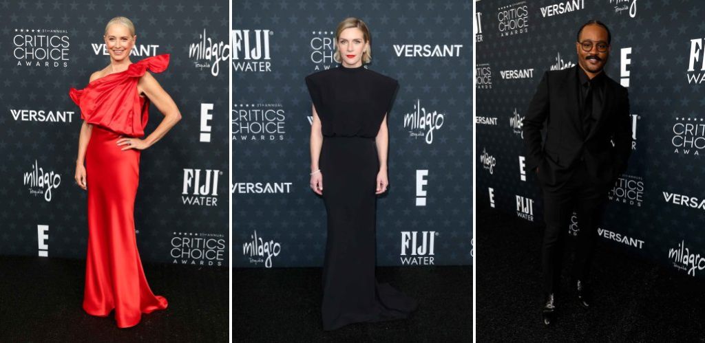 Montagem de fotos de Katherine LaNasa, Rhea Seehorn e Ryan Coogler no  Critics Choice Awards 2026 todos vestindo Louis Vuitton.  