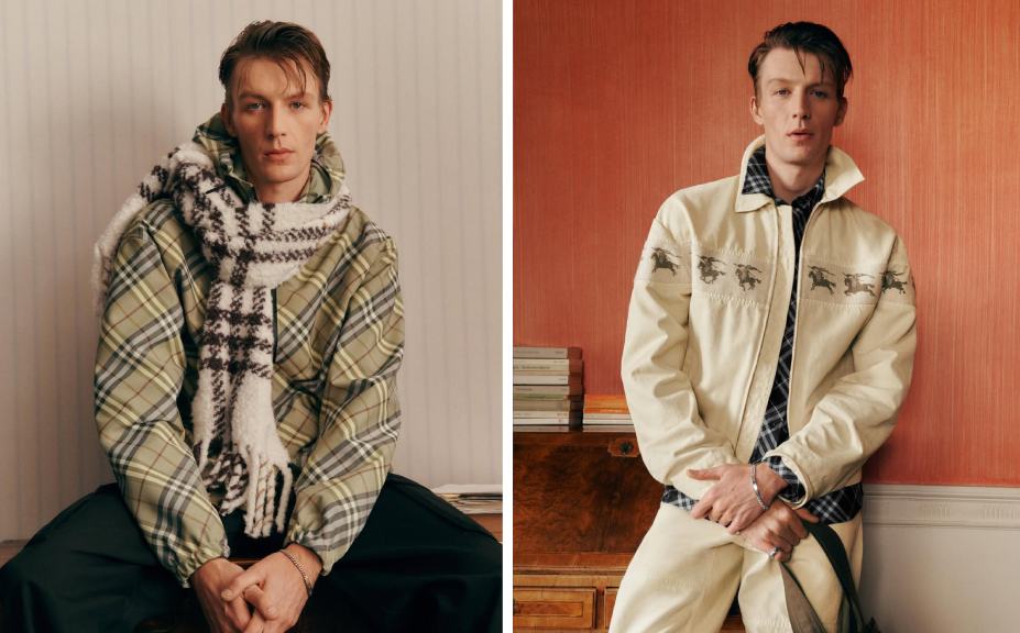 Montagem de fotos de looks masculinas da nova campanha Burberry Primavera 2026.