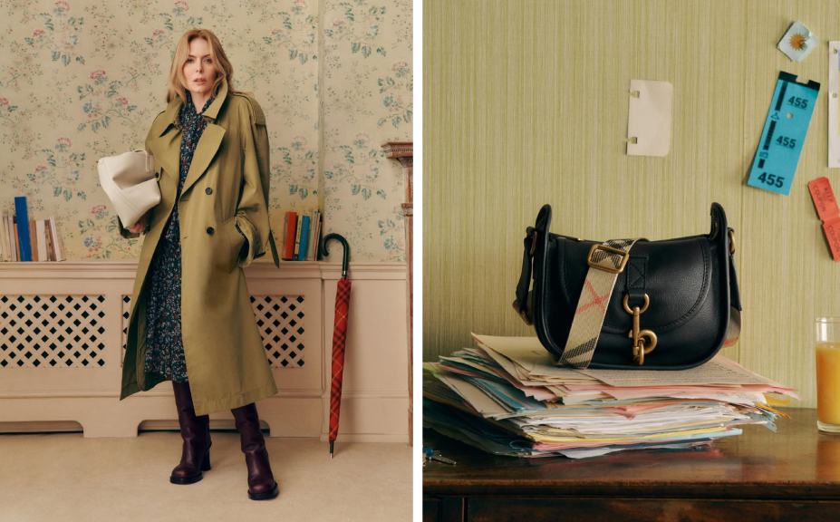 Montagem de fotos de trench coat e bolsa burberry da nova coleção.