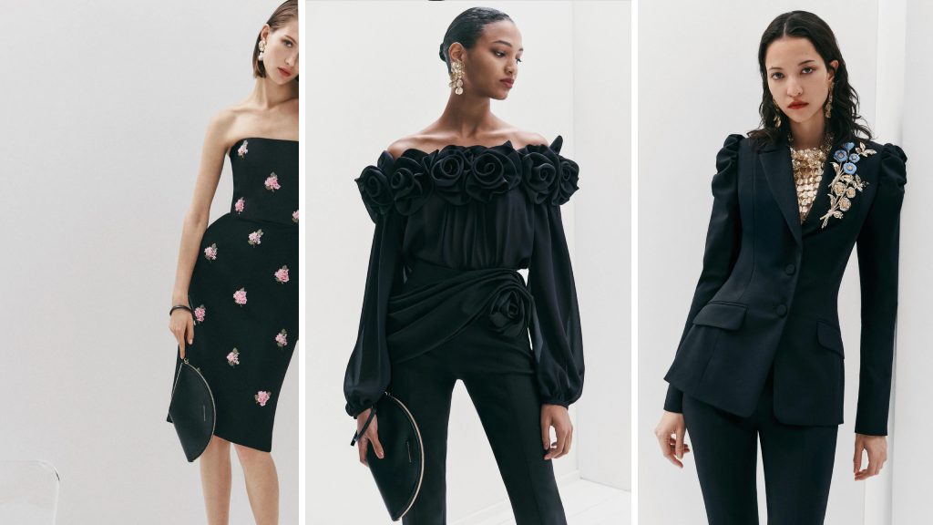 montagem de fotos de mulheres usando roupas pretas com bordados de flores da carolina herrera.