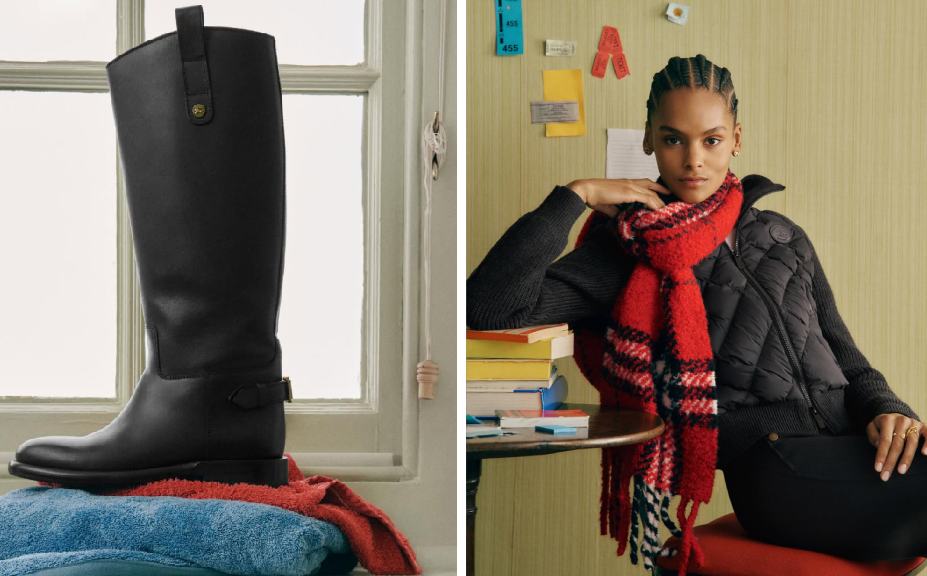 Montagem de fotos de bota equestre e cachecol com padronagem xadrez Burberry.