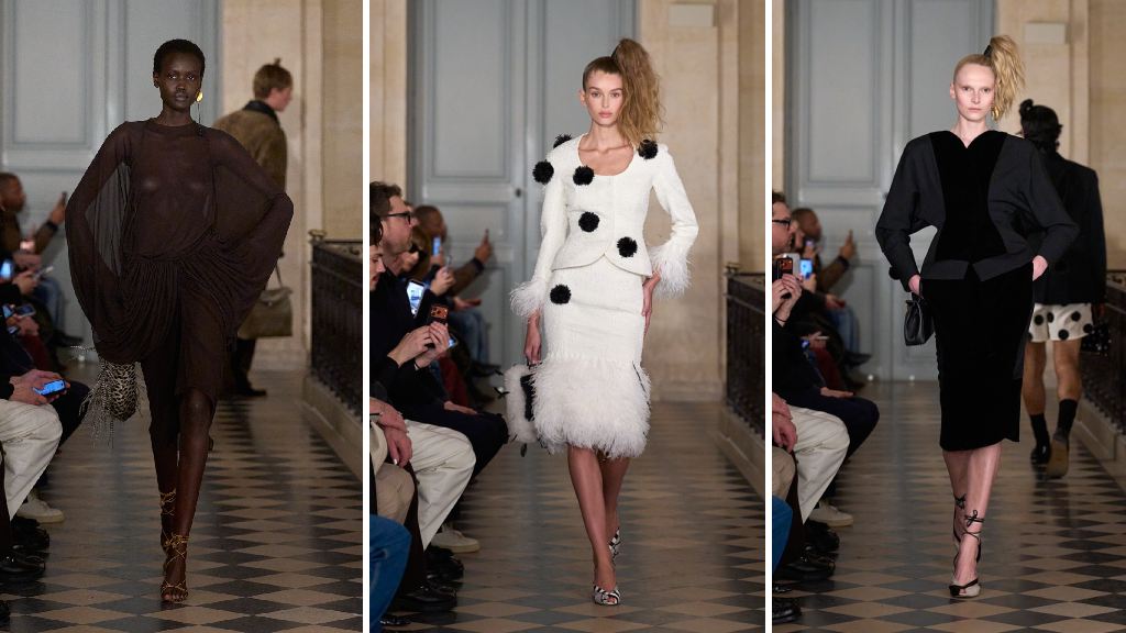 Montagem de fotos dodesfile de inverno 2026, Simon Porte Jacquemus que retorna ao Museu Picasso e constrói uma coleção que dialoga com o espírito dos anos 50, 80 e 90.